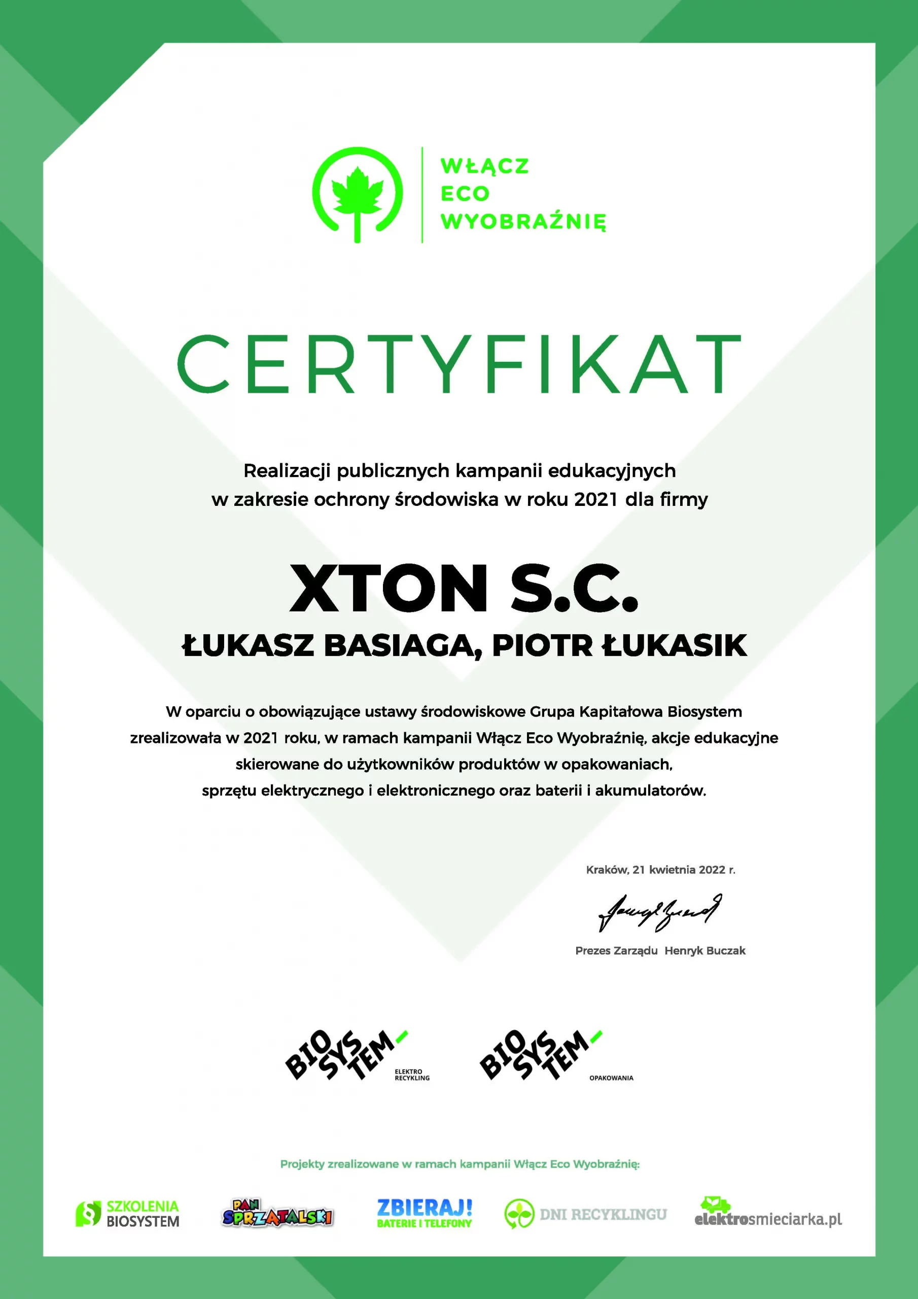 certyfikat za wsparcie kampanii edukacyjnych z zakresu ochrony środowiska